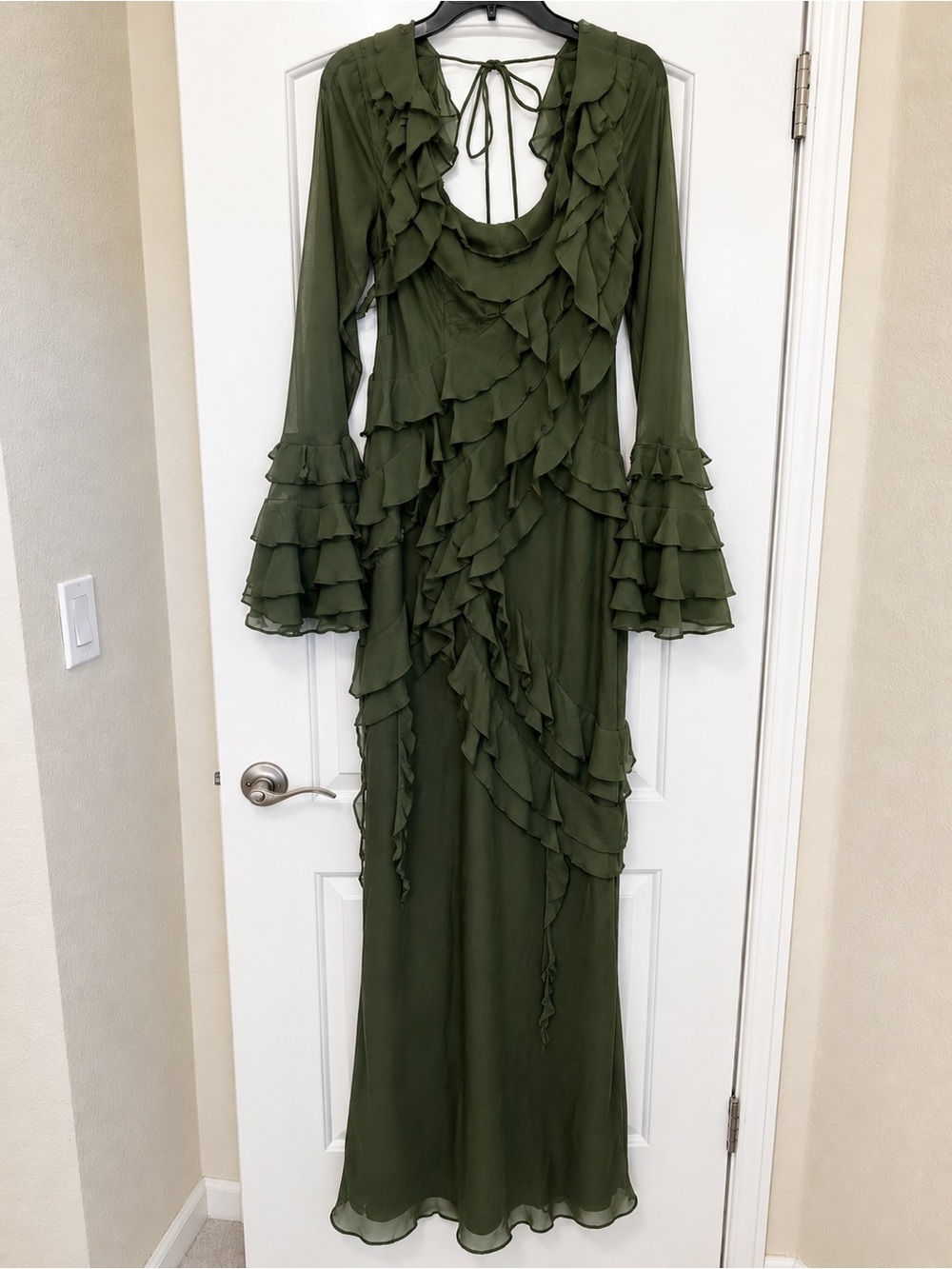 ASOS Olive Green Ruffle Chiffon Maxi Dress 10 Tall Glam Formal